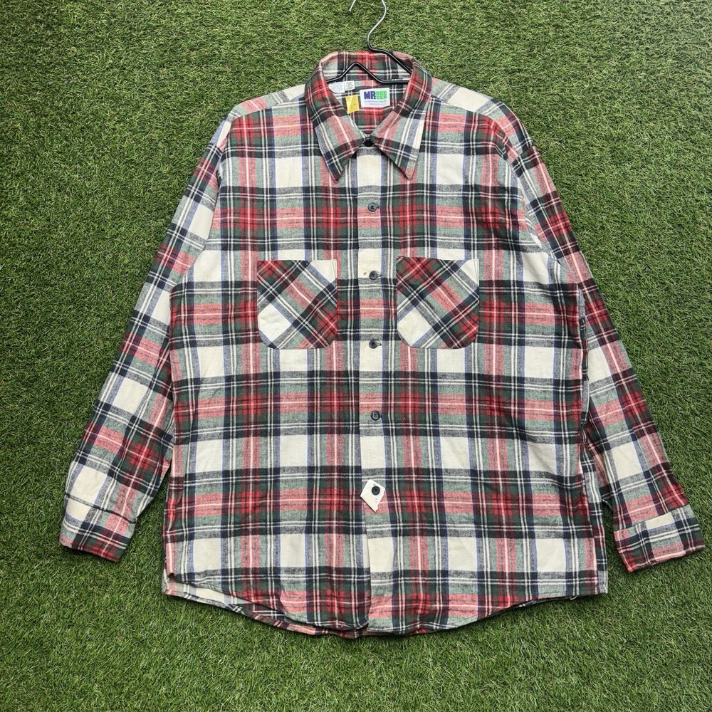 Vintage Mr Dee Cee Flannel Shirt Mens XL 70s Deadstock Big Collar Plaid Red Blue